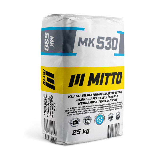 Klijai silikatiniams ir akyto betono blokeliams MITTO MK530, darbui žemose ir neigiamose temp., 25 kg