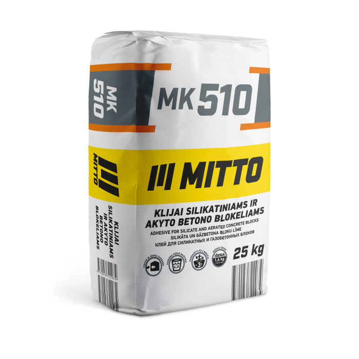 Klijai silikatiniams ir akyto betono blokeliams MITTO MK510, 25 kg Klijai silikatiniams ir akyto betono blokeliams MITTO MK510, 25 kg
